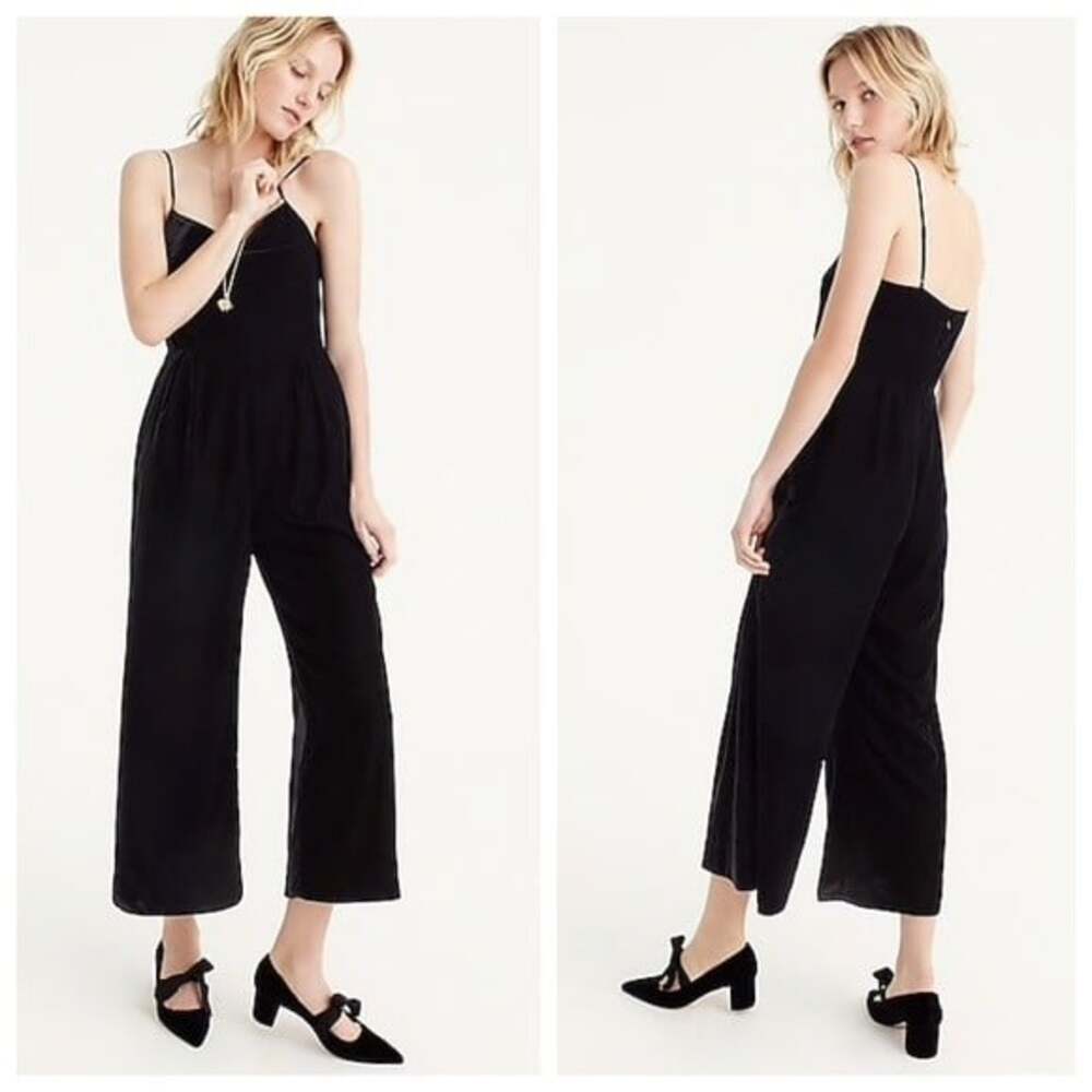 J. Crew Size 16 Black Soft Velvet Spaghetti Strap Wide Leg Crop Holiday Jumpsuit